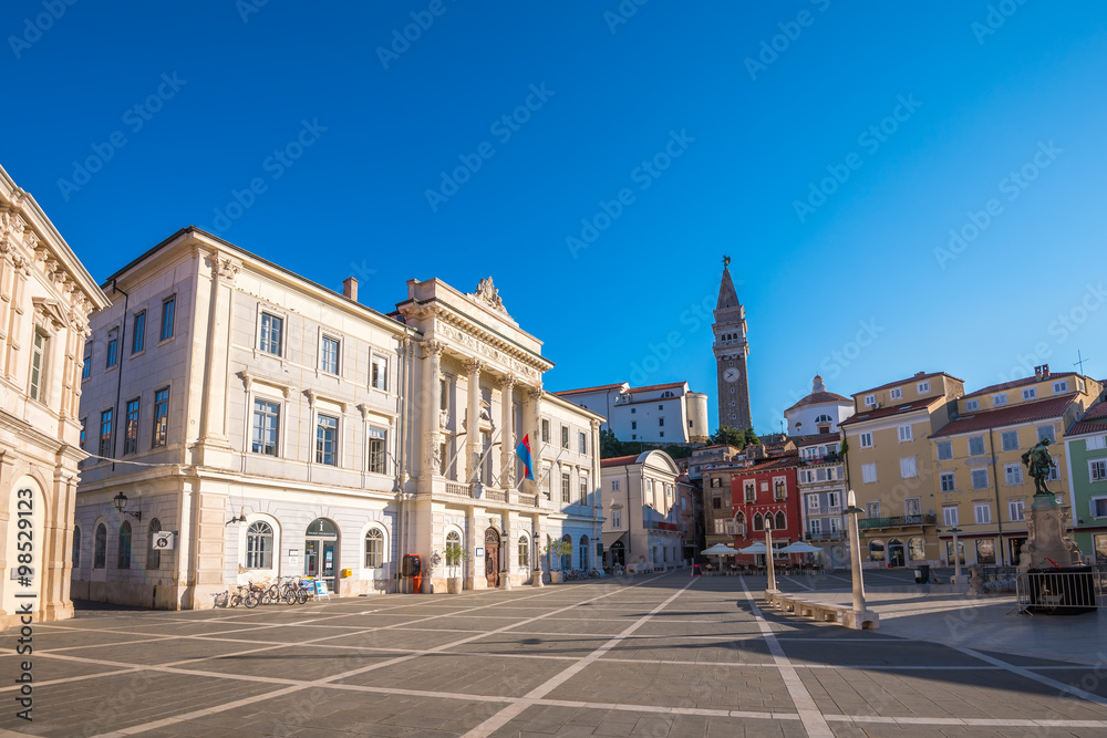 Tartini Square in Piran, Slovenia on a Hot Summer Day with Clear Blue Sky