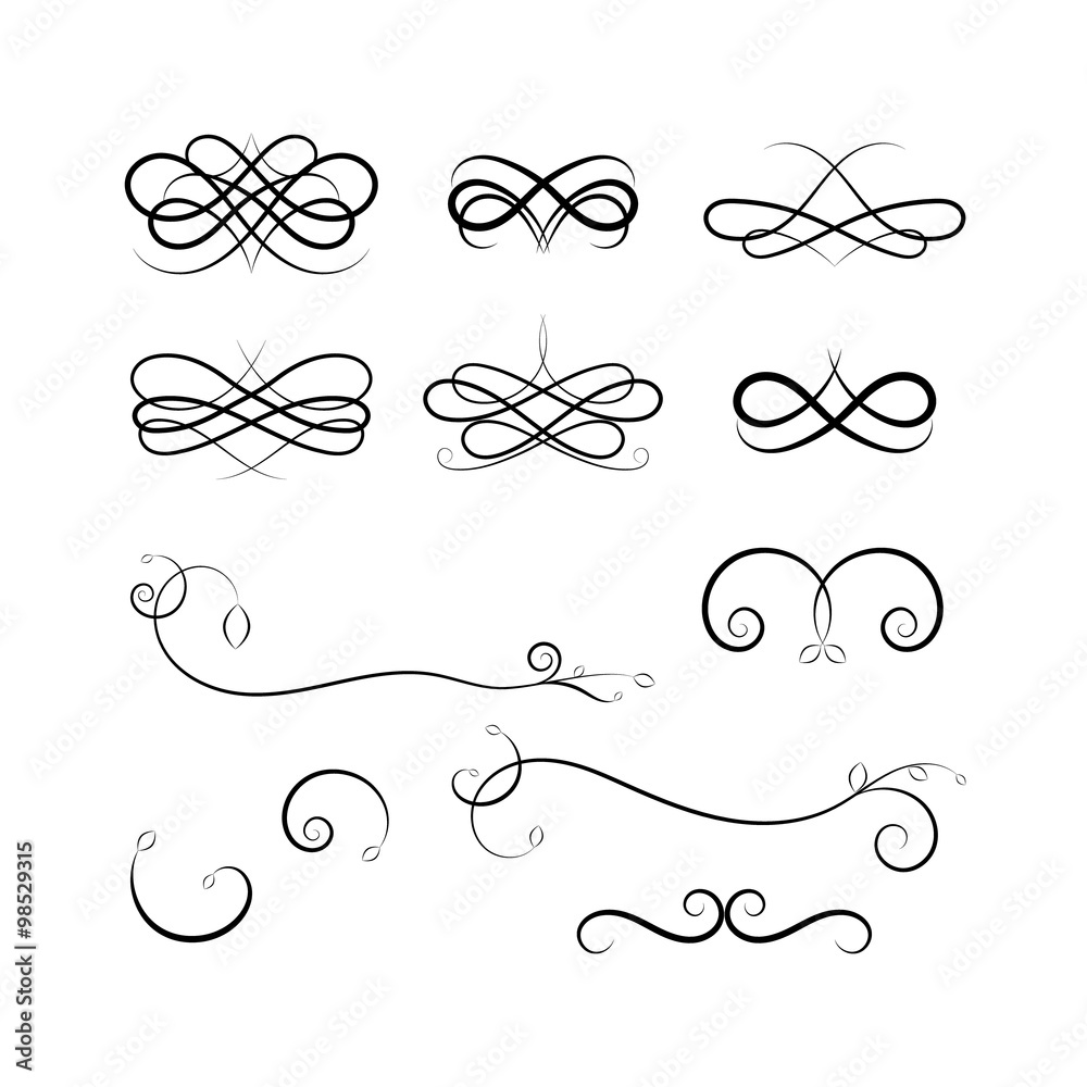 Calligraphic elements on white background. Set of Calligraphic flourishes and Swashes.design loops. Curled Calligraphic flourish, Swash and loops for decoration. Vector Calligraphic design element Calligraphic elements on white background. Set of Calligraphic flourishes and Swashes.design loops. Curled Calligraphic flourish, Swash and loops for decoration. Vector Calligraphic design element