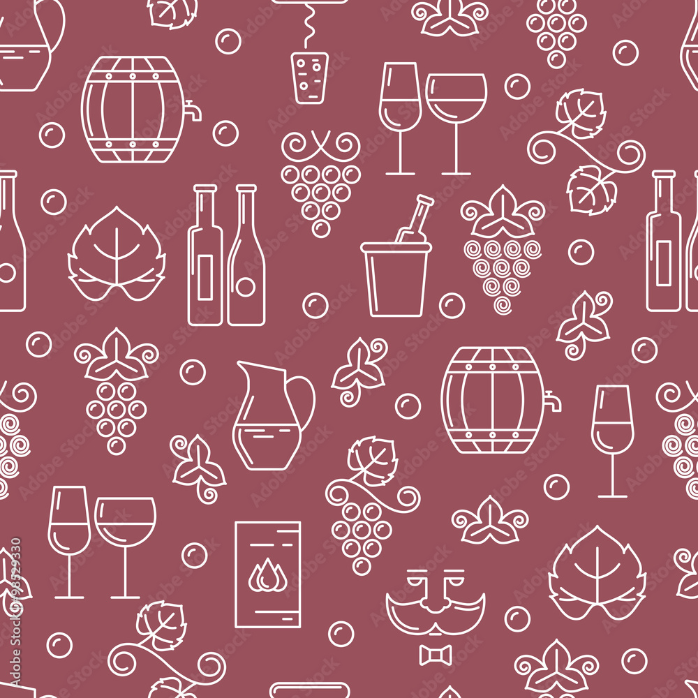 Vector seamless pattern with outline wine bottle, glass, grape v Vector seamless pattern with outline wine bottle, glass, grape v