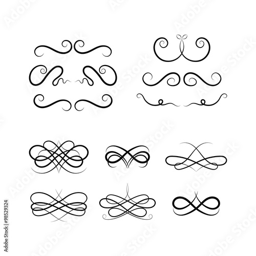 Calligraphic elements on white background. Set of Calligraphic flourishes and Swashes.design loops. Curled Calligraphic flourish, Swash and loops for decoration. Vector Calligraphic design element