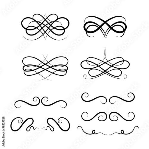 Calligraphic elements on white background. Set of Calligraphic flourishes and Swashes.design loops. Curled Calligraphic flourish, Swash and loops for decoration. Vector Calligraphic design element