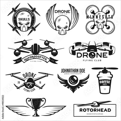 Vector set of drone flying club labels, badges, design elements.
