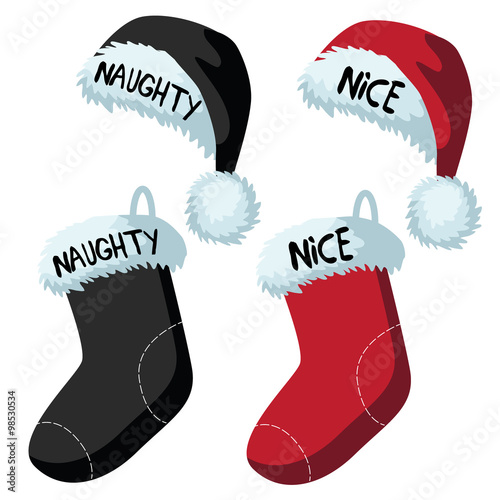 
Naughty and nice Santa hats and Christmas stocking collection. EPS 10 vector illustration.