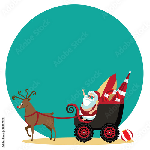 Cartoon Santa Claus waves hello from his dune buggy on a tropical beach. EPS 10 vector illustration.