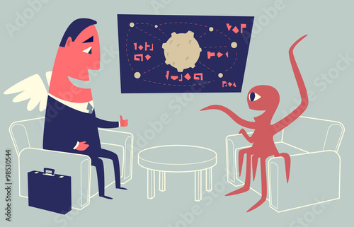 Alien sitting in armchair and presenting startup idea to angel investor using a chart.
