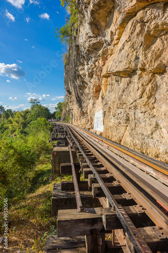 .Railroad tracks parallel to the steep cliff