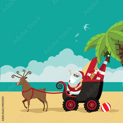 Cartoon Santa Claus waves hello from his dune buggy on a tropical beach. EPS 10 vector illustration.