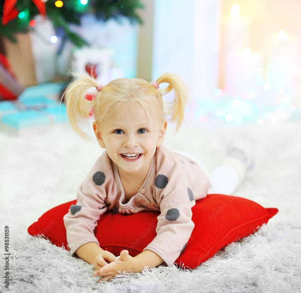 Funny girl in Christmas living room Funny girl in Christmas living room
