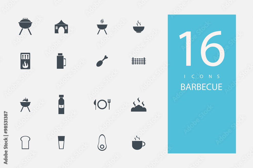 collection of icons in style flat gray color on  topic barbecue grills