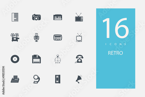collection of icons in style flat gray color on topic retro