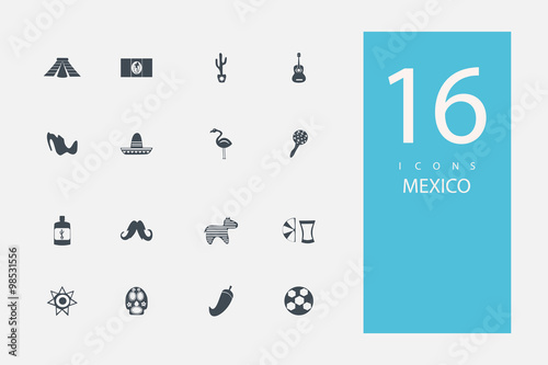 collection of icons in style flat gray color on topic Mexico