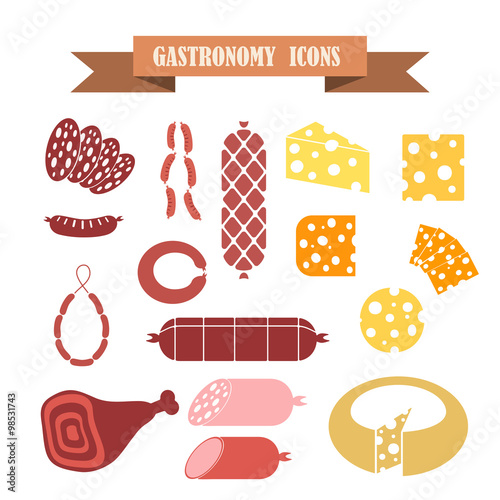 multicolored icons with tape on the topic cheese and sausage