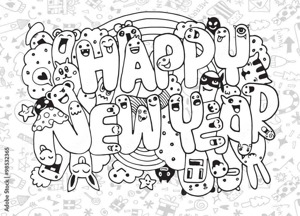 Coloring page with happy new year text drawing Vector Image