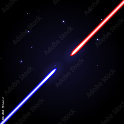 Two glowing swords opposed to each other on cosmic dark blue background with stars. Red and blue light shiny weapon as war symbol.