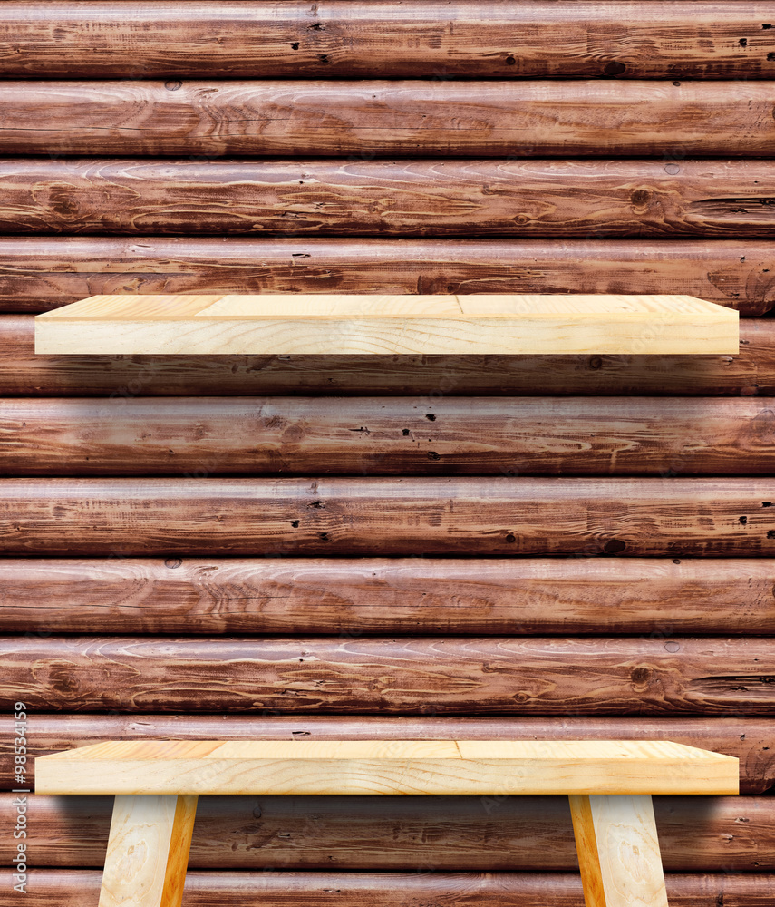 Empty Wooden Table top at red brown log wood wall,Template mock