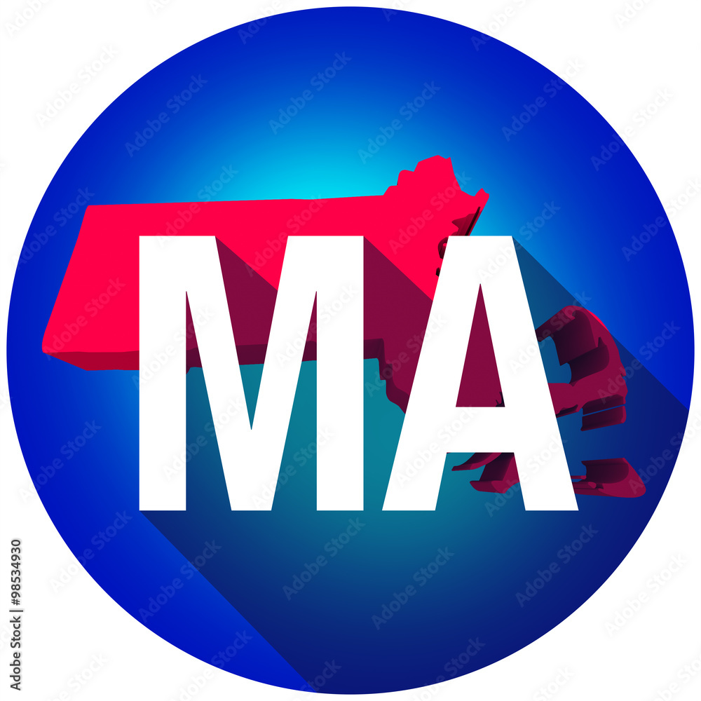 Massachusetts MA Letters Abbreviation Red 3d State Map Long Shad Stock