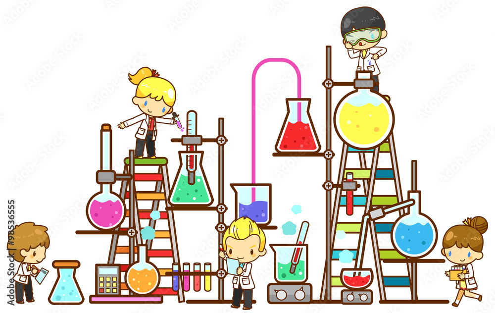 Cartoon children study chemistry experimenting in laboratory with test