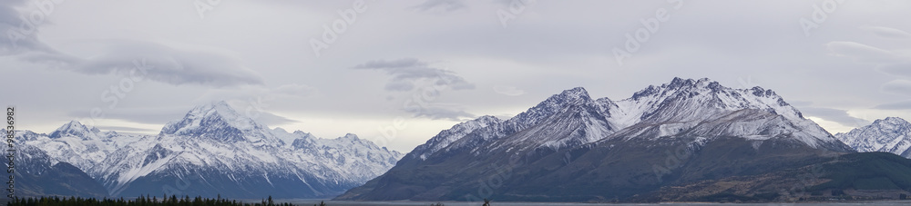 Panorami of of Mt Cook and Mt Brown district of New Zealand's South Island