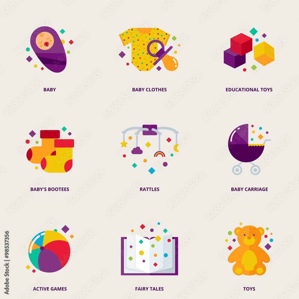 Children colorful vector icons set: baby, clothes, educational t