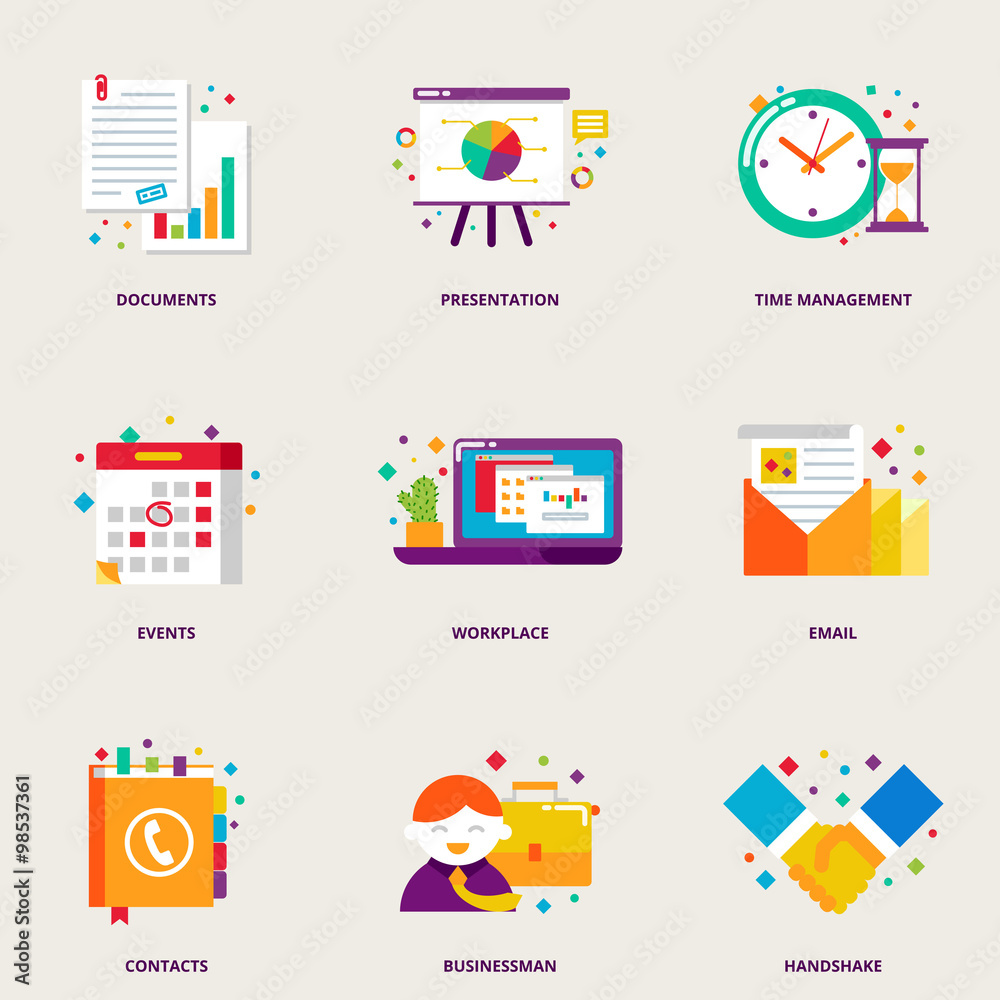 Office and business colorful vector icons set: documents, presen