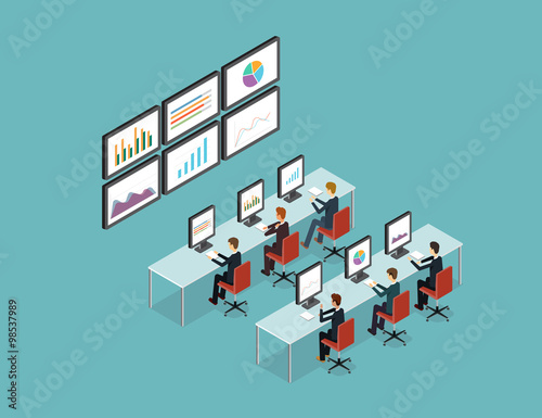 business people analytic on monitor graph report  and SEO on web.flat 3D vector .stock money.finance and investment.business research