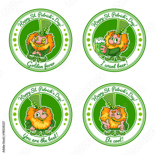 Set of four round stickers with leprechauns for St. Patrick's Da