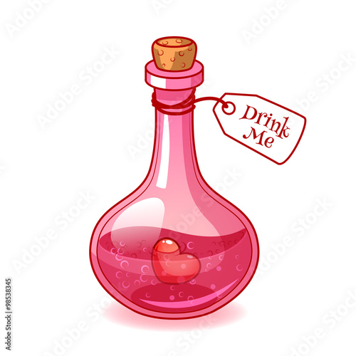 Stoppered pink glass bulb with love potions and heart inside.
