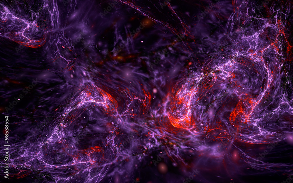 abstract fractal, chaotic blue and red curves on dark background