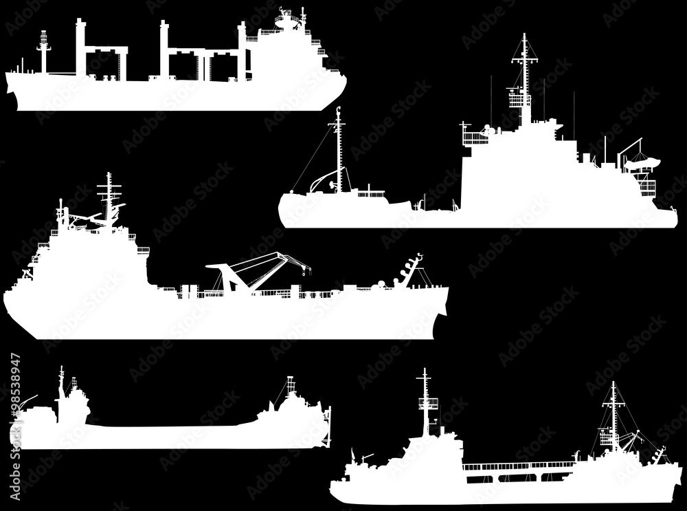 five medium ship silhouettes on black