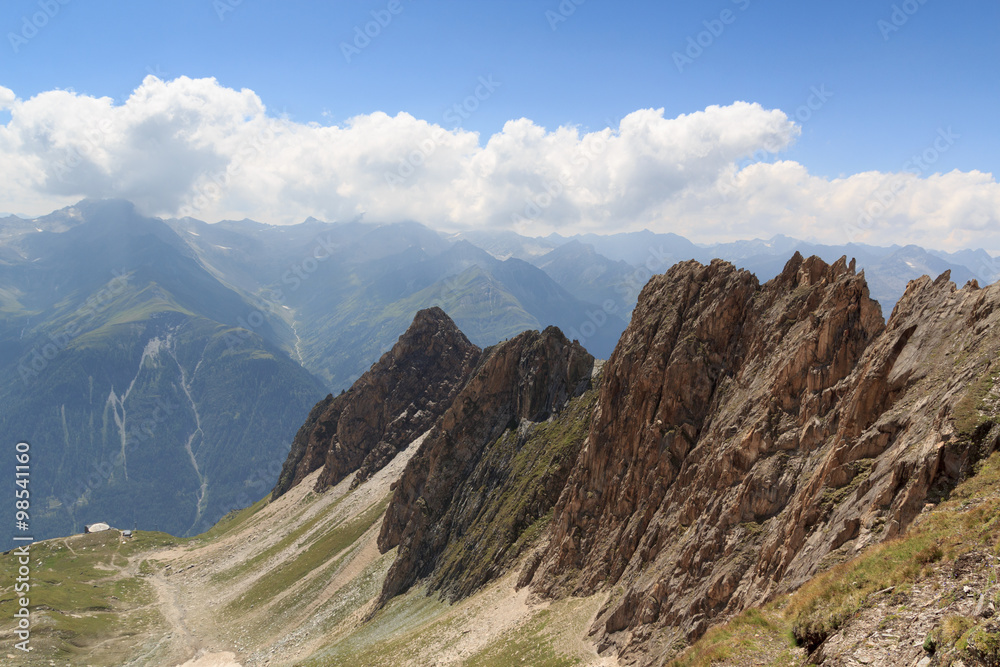 Mountain panorama with Rote Säule and col Sajatscharte in the Hohe Tauern Alps, Austria