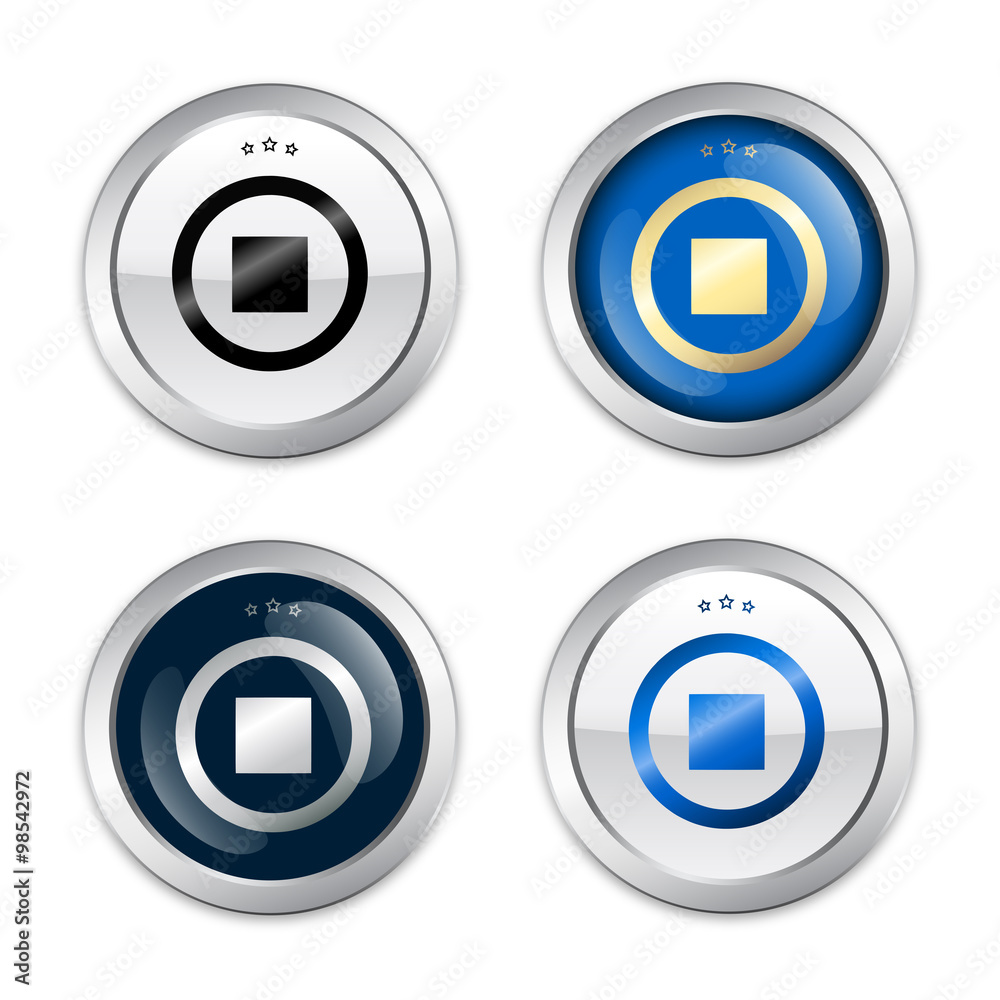 Stop seals or icons with symbol. Glossy silver seals or buttons Stop seals or icons with symbol. Glossy silver seals or buttons