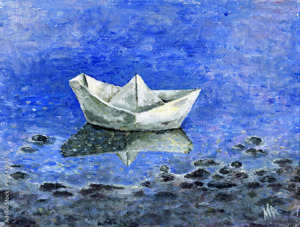 Painting - a small paper boat in the spring pool