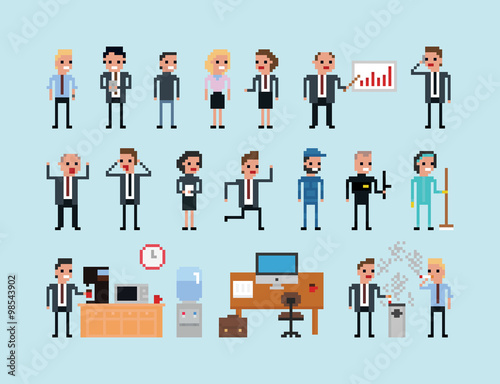 Set of pixel art people icons, office work vector illustration