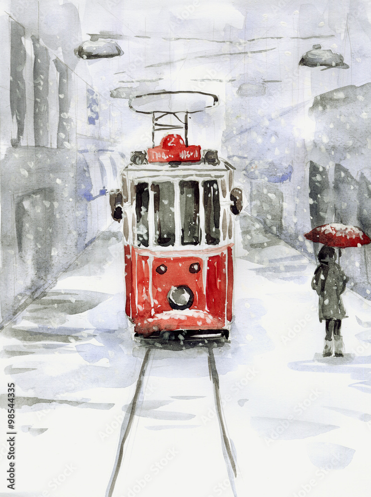 Obraz premium Snowfall and old tram