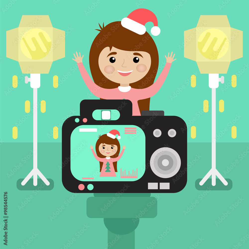 happy girl in Christmas hat is photographed in the Studio. flat happy girl in Christmas hat is photographed in the Studio. flat