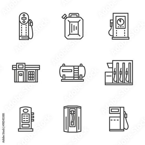 Gas station black line vector icons collection