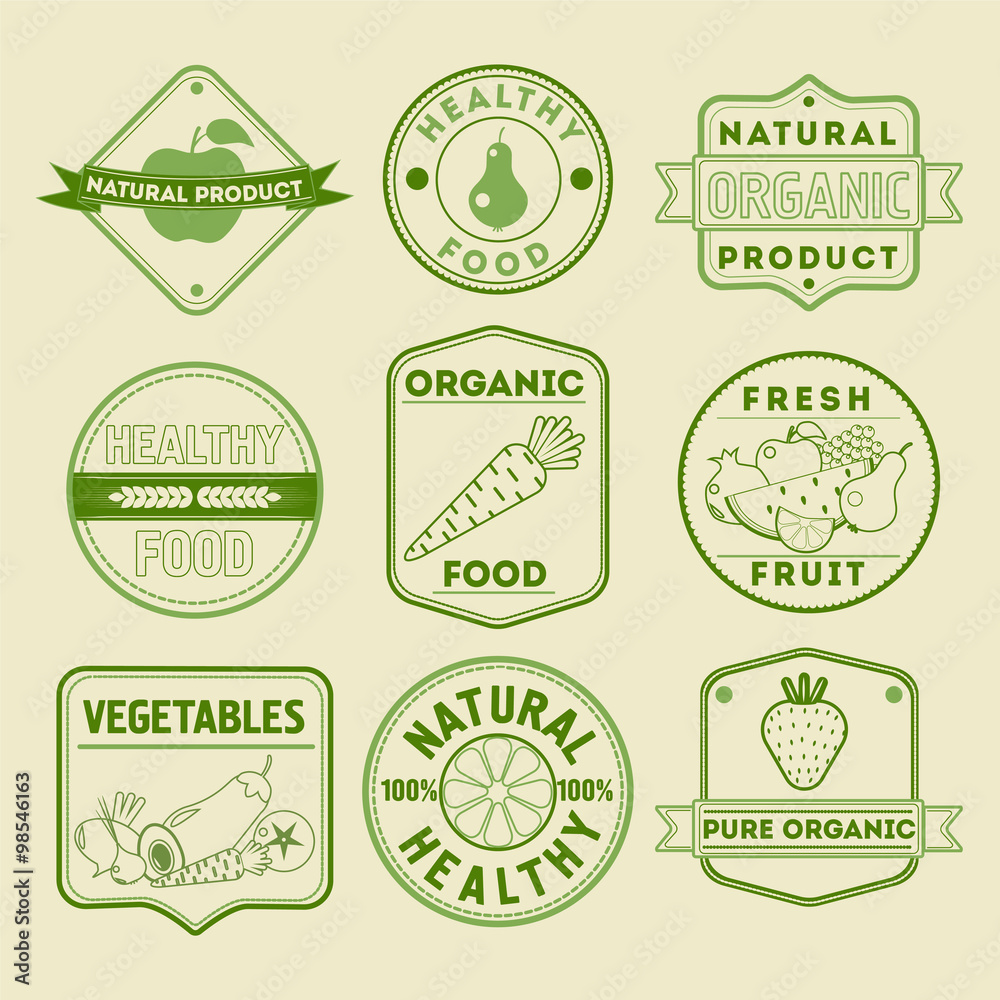 Set of Healthy Food Badges and Logos with Fruits and Vegetables