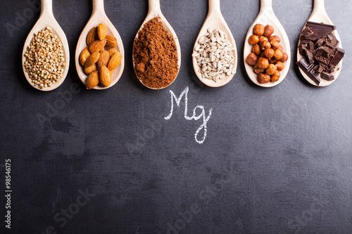 Products rich in magnesium on wooden spoons. photo