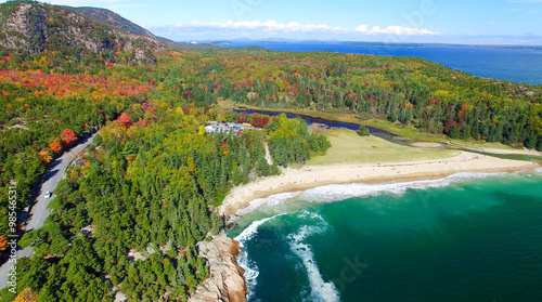 Beautiful fall colors of Acadia, Maine. Aerial view from helicop