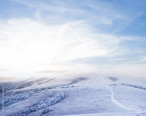 winter snowbound plain at the morning