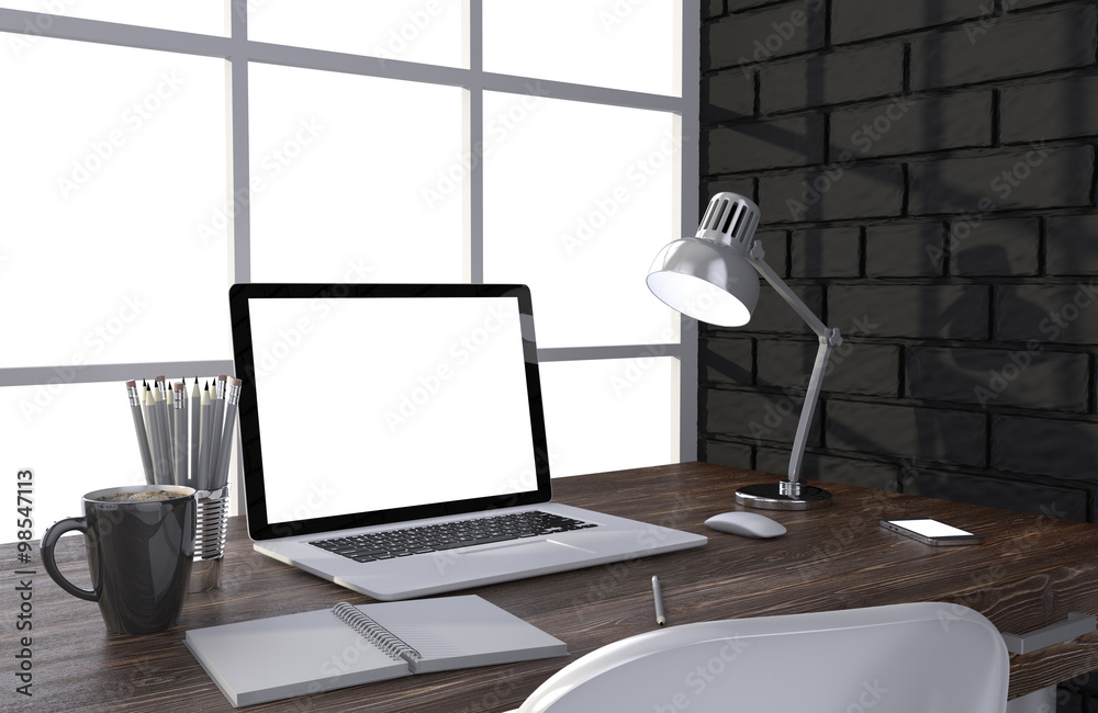 3D illustration laptop and work stuff on table near brick wall, Workspace 3D illustration laptop and work stuff on table near brick wall, Workspace