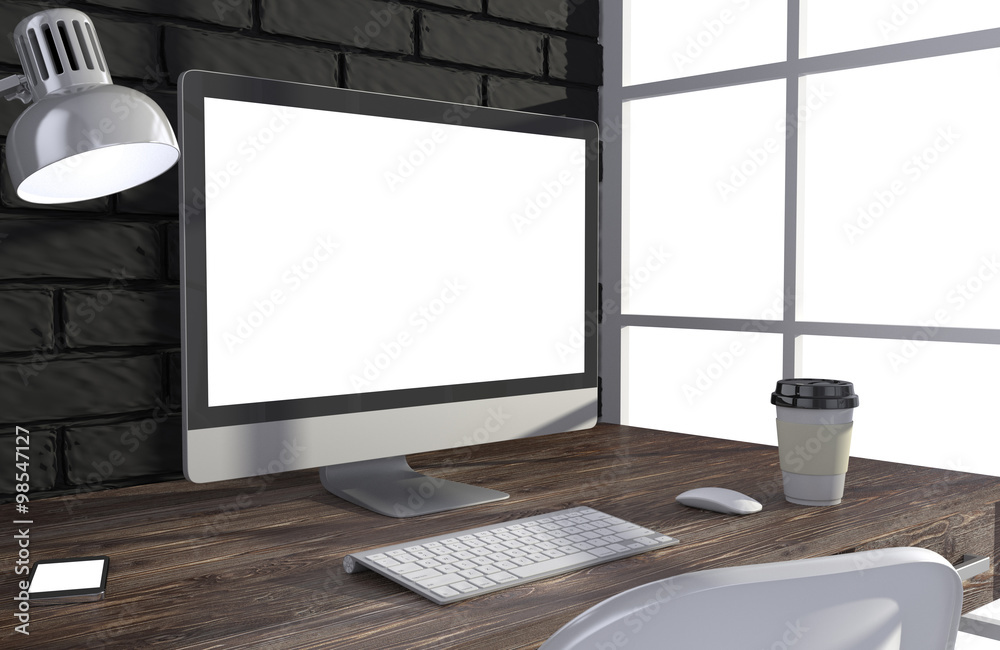 Fototapeta premium 3D illustration PC screen on table in office, Workspace