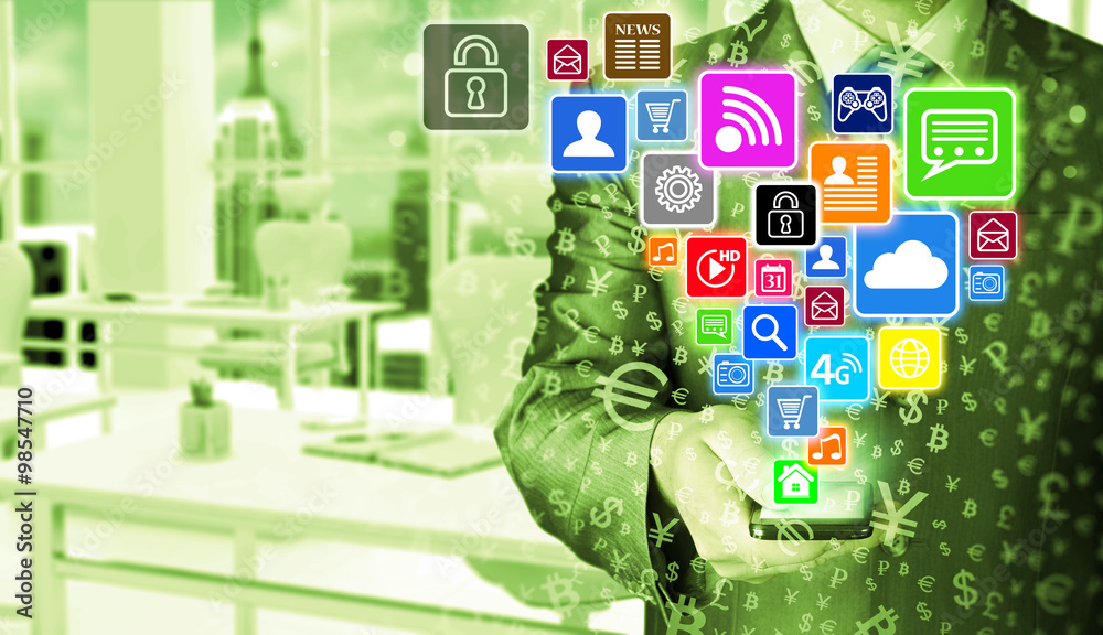 Business man using smart phone with social media icon set Business man using smart phone with social media icon set
