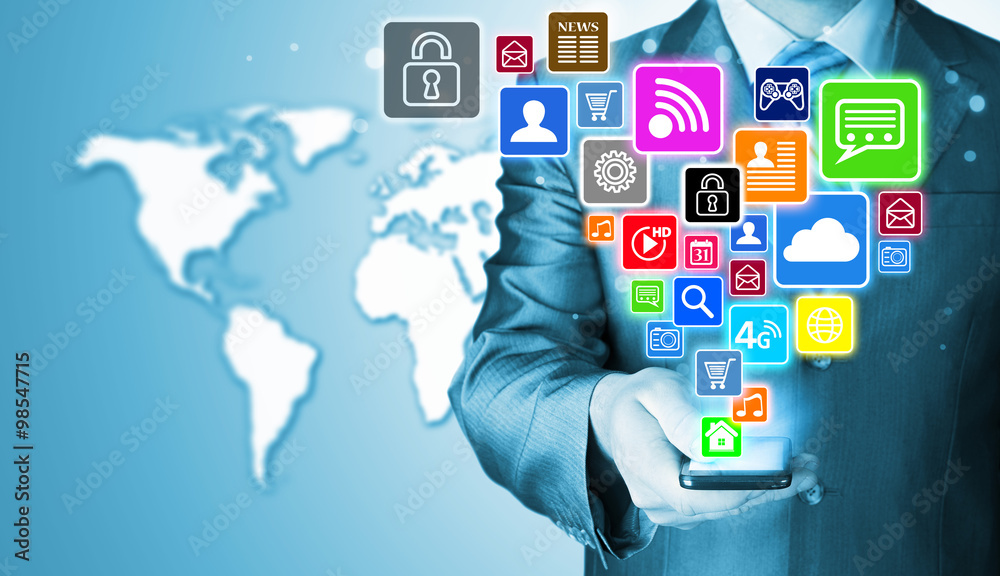 Business man using smart phone with social media icon set Business man using smart phone with social media icon set