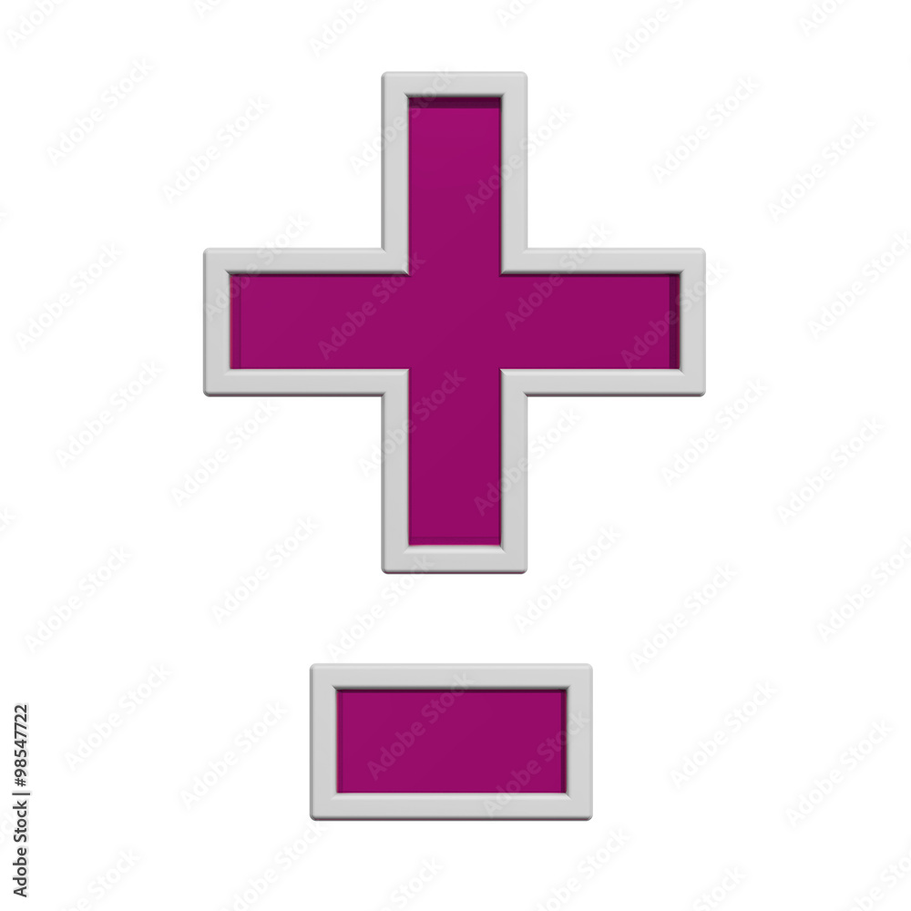 Fototapeta premium Hyphen, minus, plus marks from pink glass with white frame alphabet set, isolated on white. Computer generated 3D photo rendering.