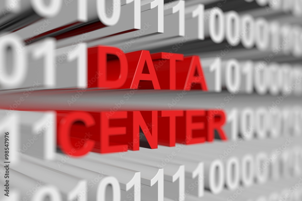 DATA CENTER is represented as a binary code with blurred background