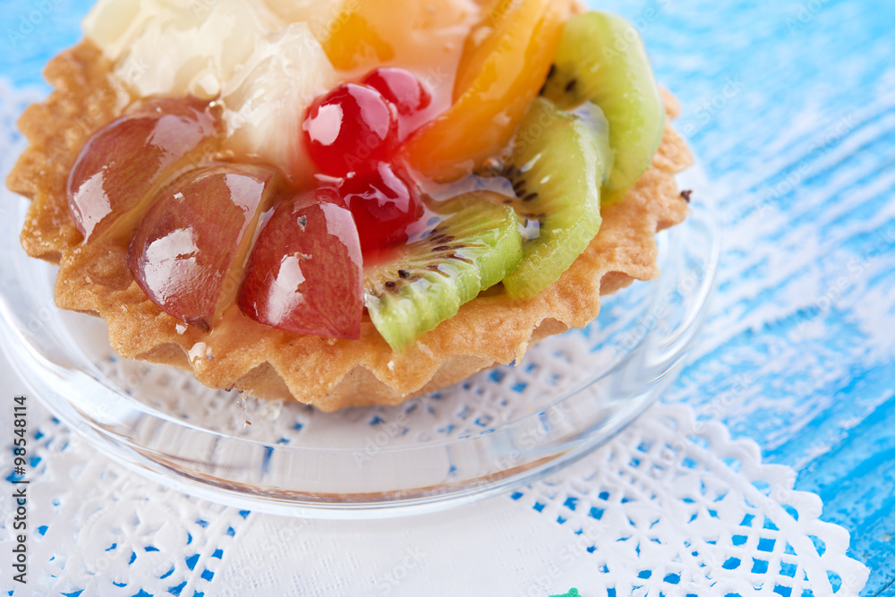sweet cake with fruits on plate sweet cake with fruits on plate