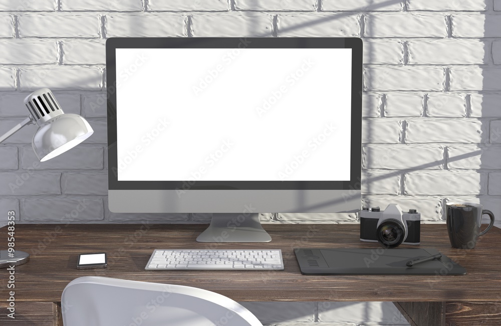 3D illustration PC screen on table in office, Workspace 3D illustration PC screen on table in office, Workspace