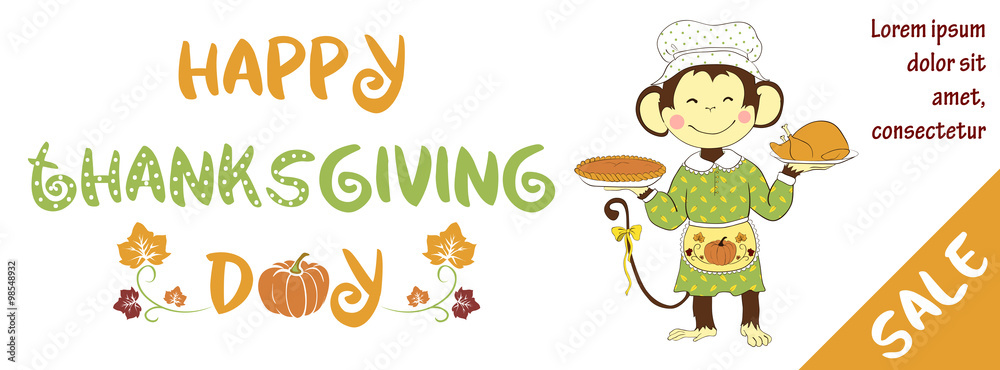 Thanksgiving day sale banner with cute monkey Thanksgiving day sale banner with cute monkey