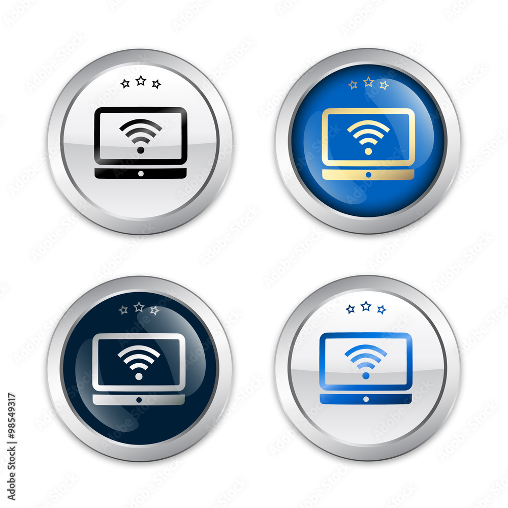 Free Wifi guaranteed seals or icons with Wifi symbol. Glossy silver seals or buttons.